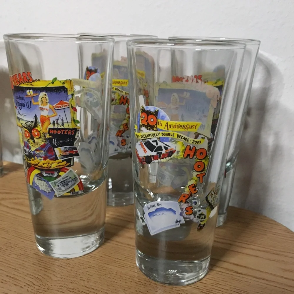 New Bundle Of 2 Hooters Rare Vintage 20th Anniversary Tall Heavy Shot Glasses